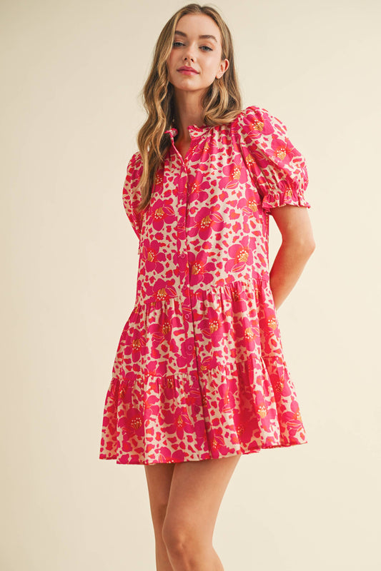 CD05908-Floral Print Button Down Front Mini Dress