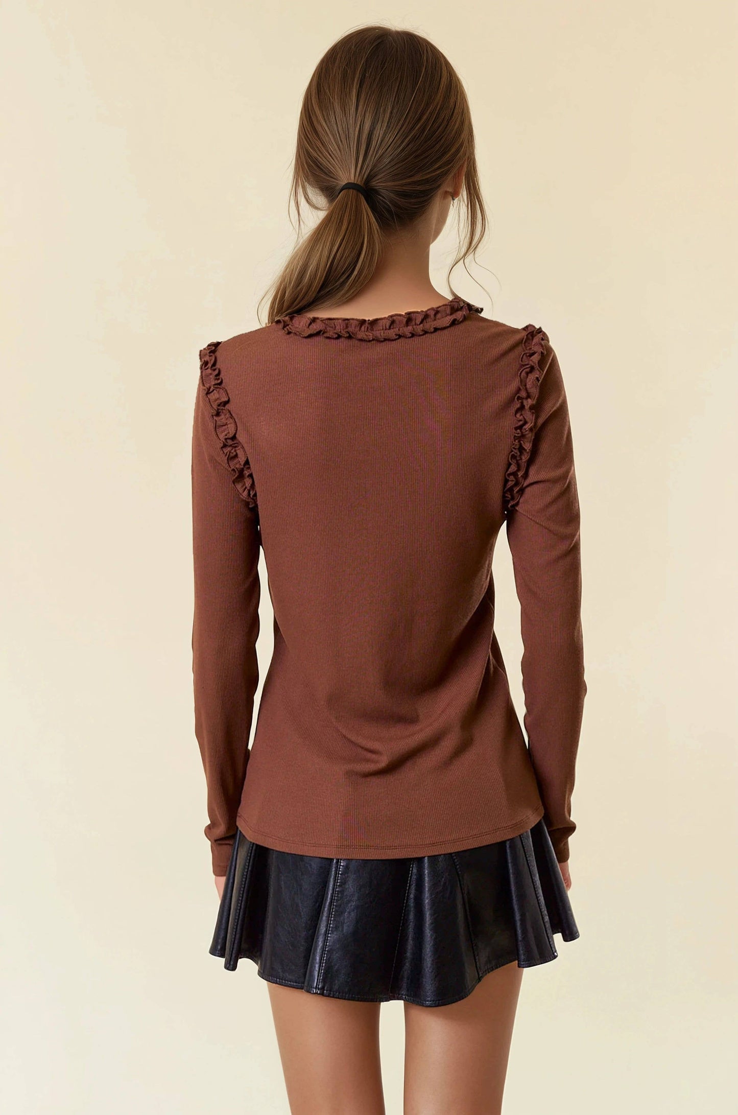 Soft Ribbed Ruffle Long Sleeve Tee