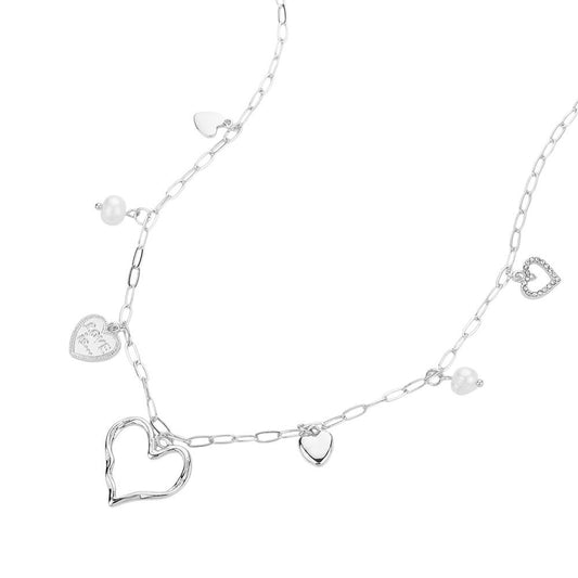 Heart and Pearl Charm Station Necklace