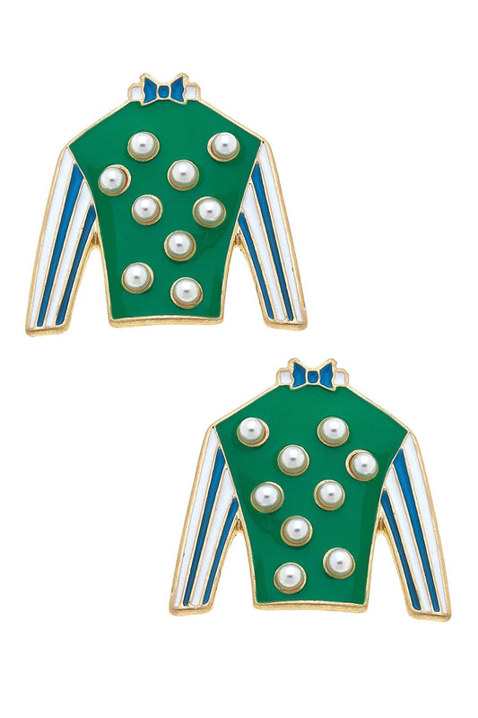 Freckles Jockey Silk Enamel Stud Earrings in Green & Blue