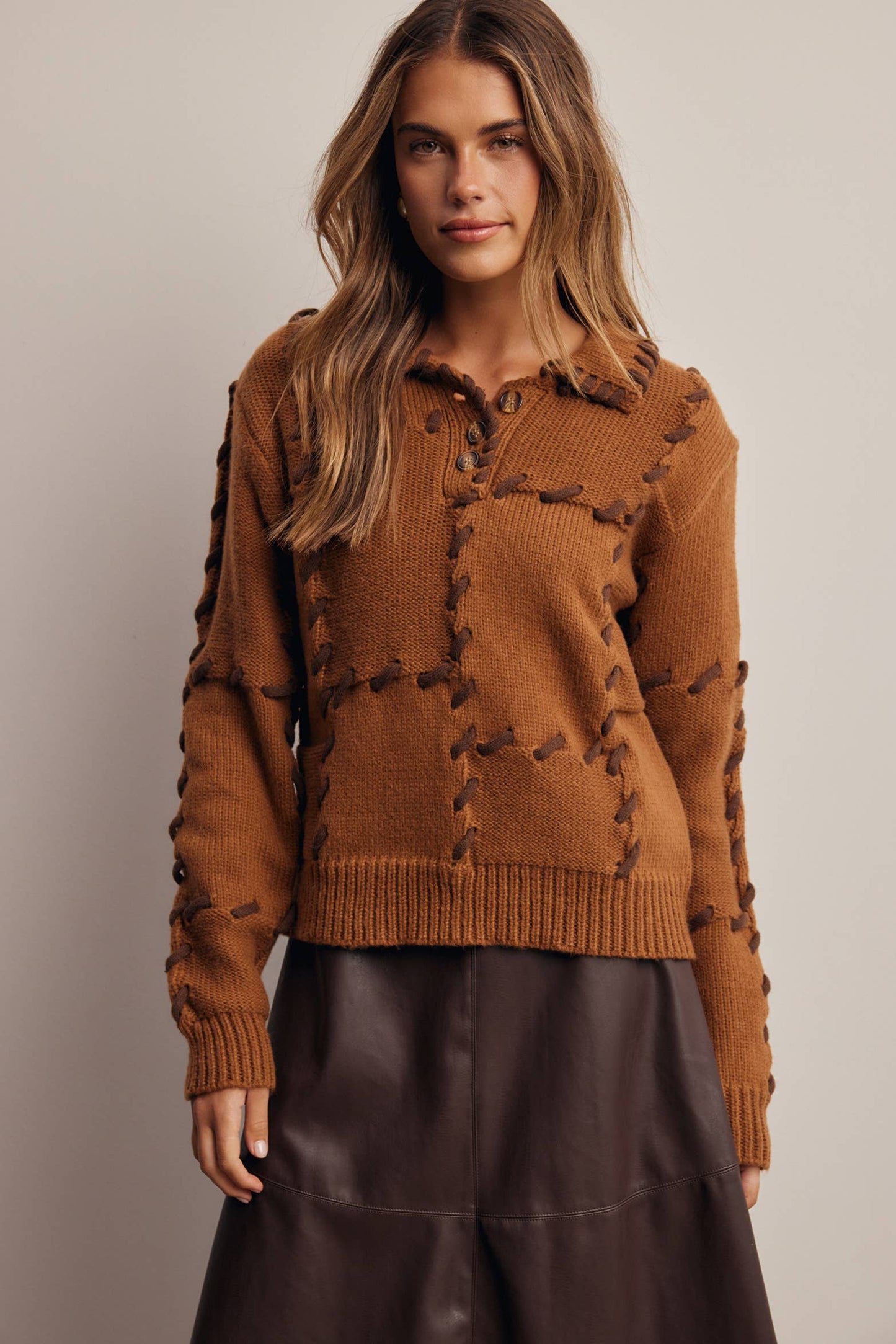 Whipstitch Patchwork Knit Sweater