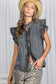 Ruffle Accent Sleeveless Chambray Denim Shirt Top
