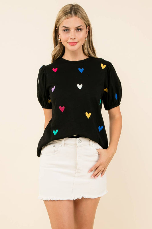 Embroidered Heart Short Sleeve Top