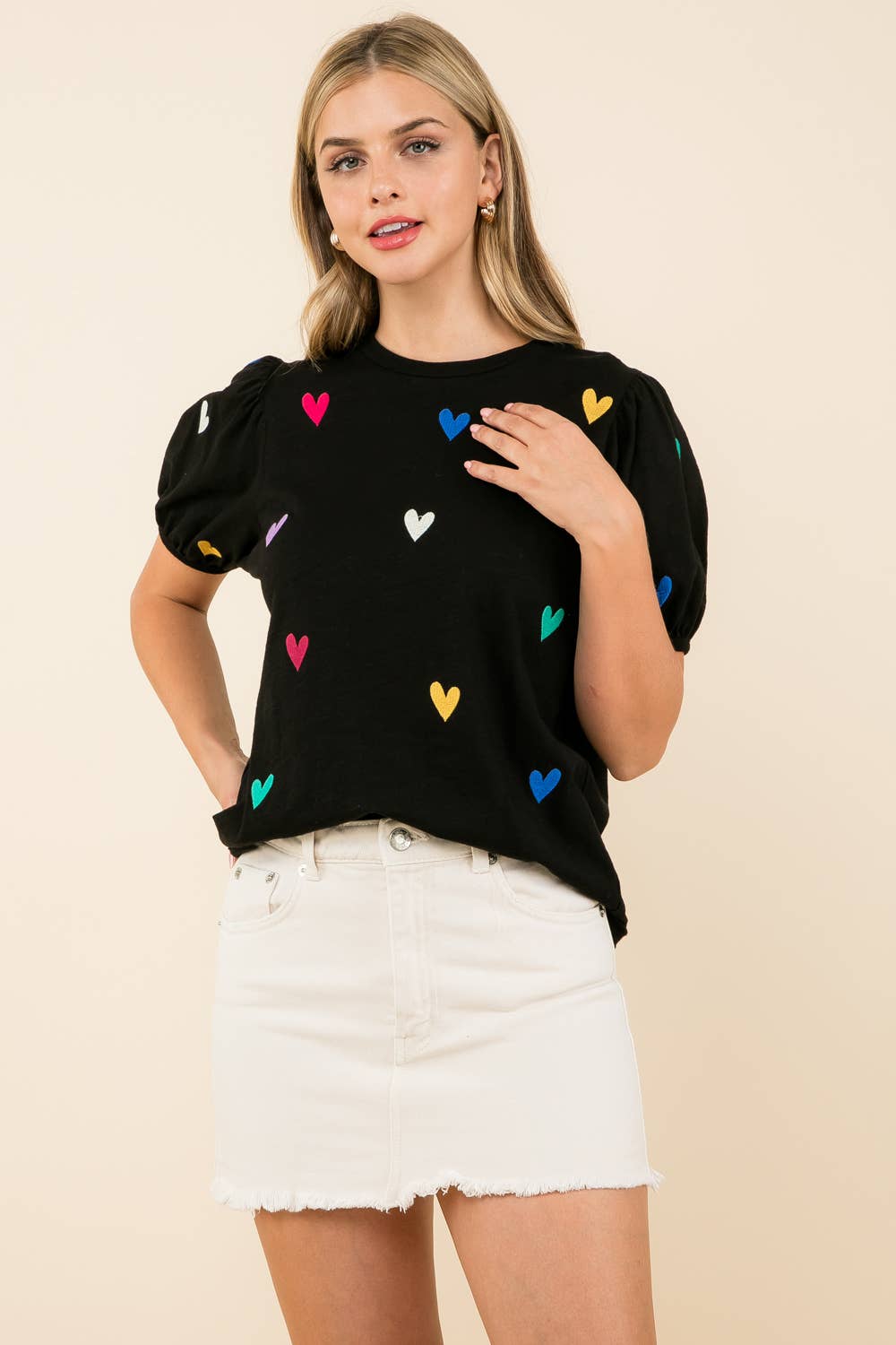 Embroidered Heart Short Sleeve Top