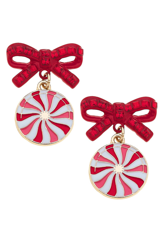 Pave Peppermint Bow Earrings in Red & White