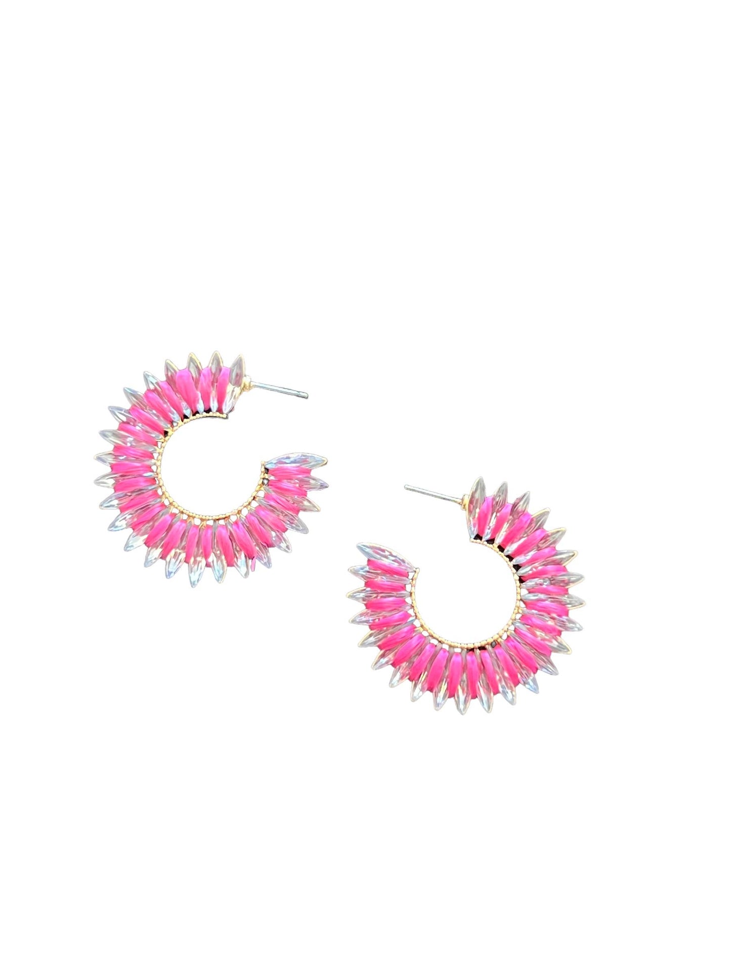 Hot Pink Raffia and Crystal Hoop Earrings