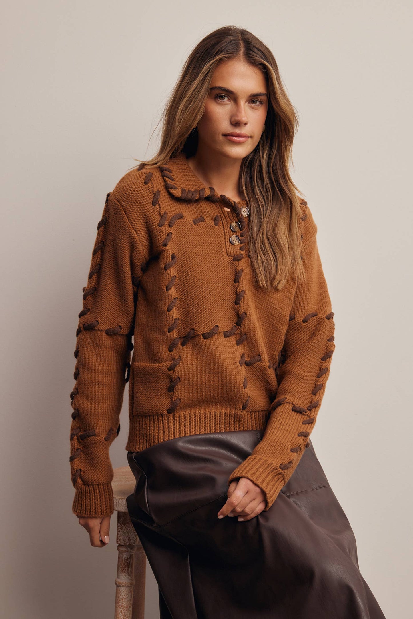 Whipstitch Patchwork Knit Sweater