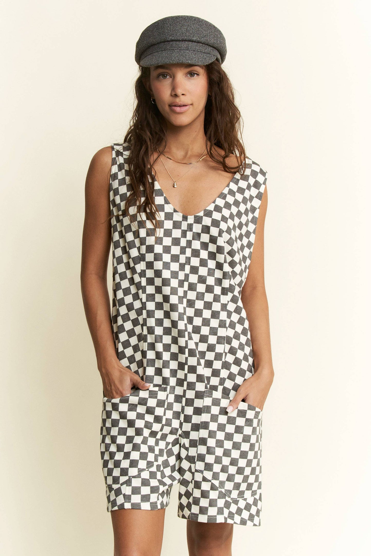 Checkered Print Shorts Romper