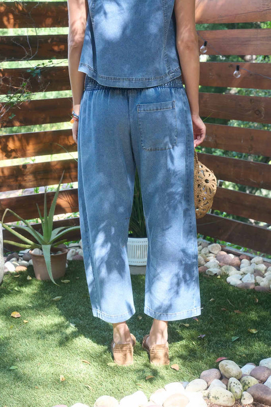 Smocked Waist Pocket Detail Denim Pants