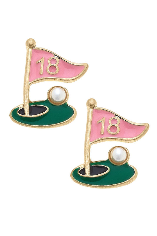 Albatross 18th Hole Enamel Stud Earrings in Pink & Green
