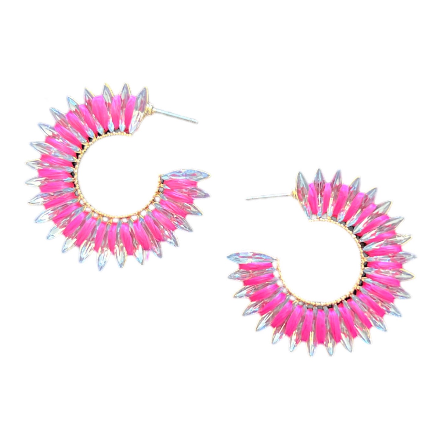 Hot Pink Raffia and Crystal Hoop Earrings