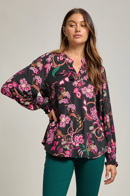 Black Floral Smock Sleeve Top