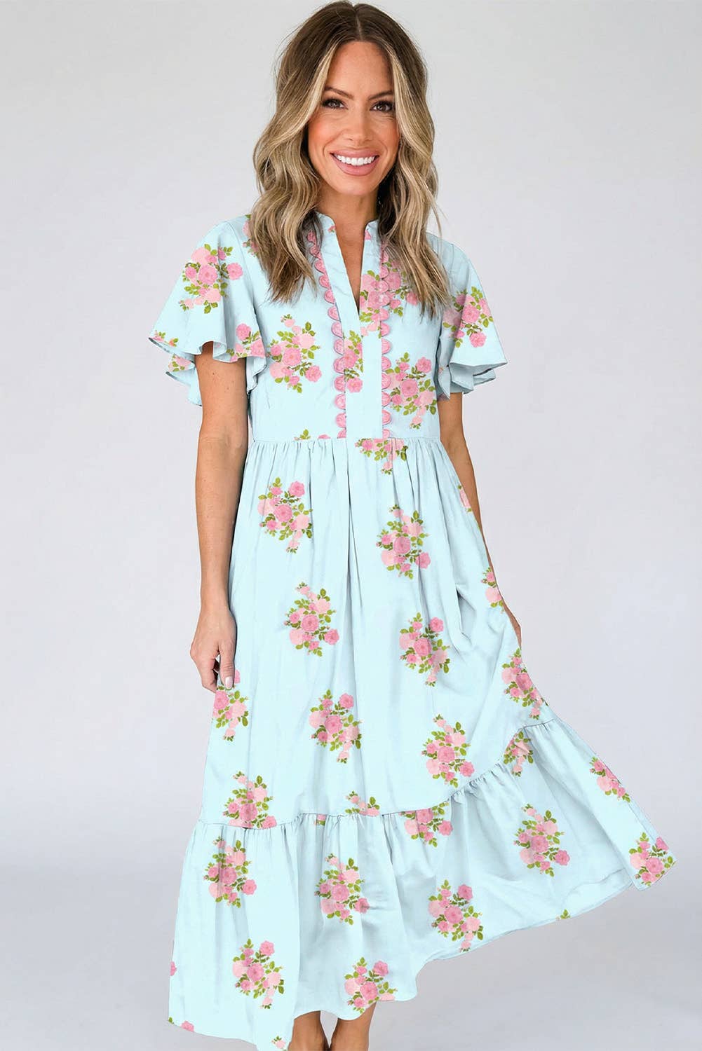 Floral Print V Neck Flutter Maxi Dress