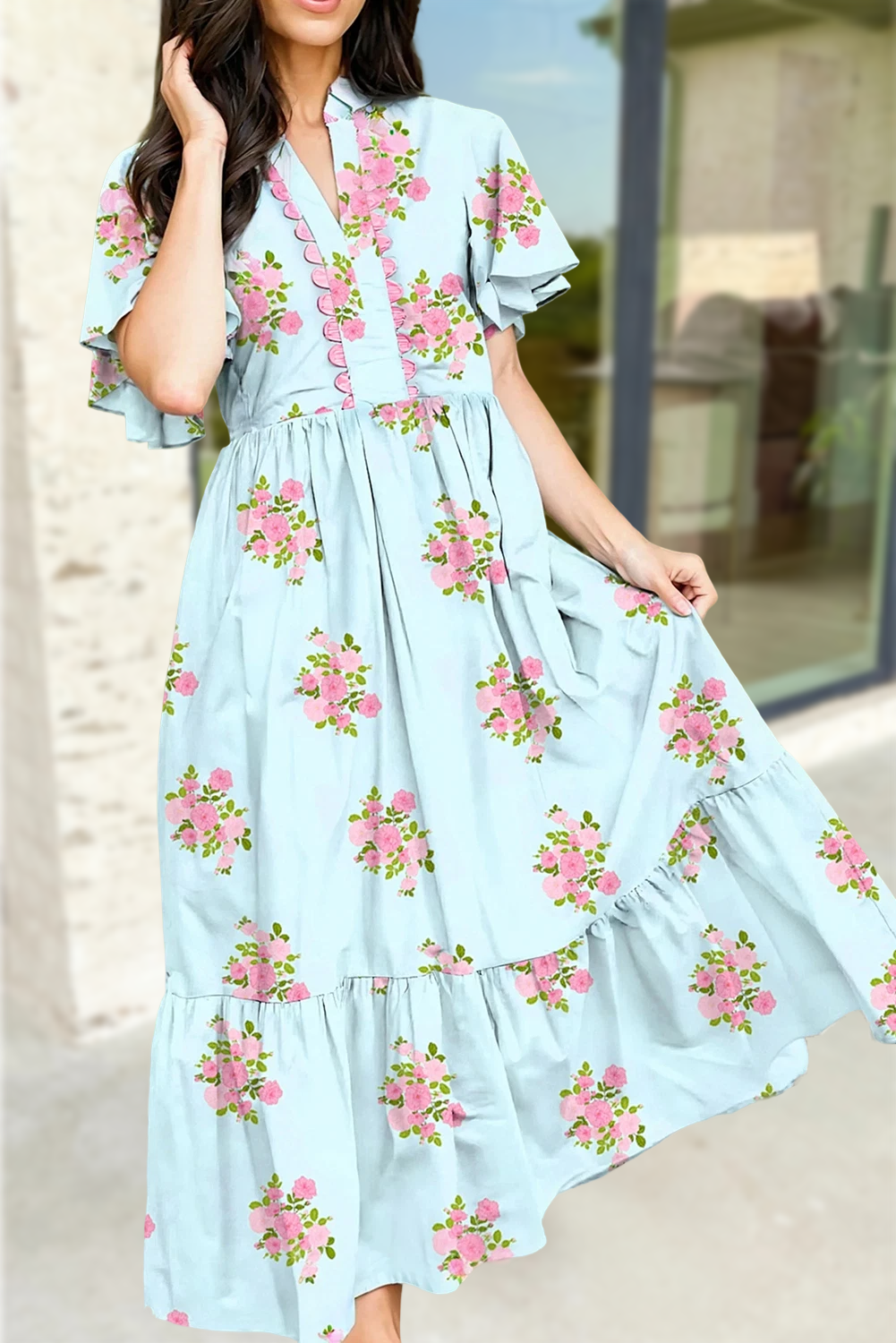 Floral Print V Neck Flutter Maxi Dress