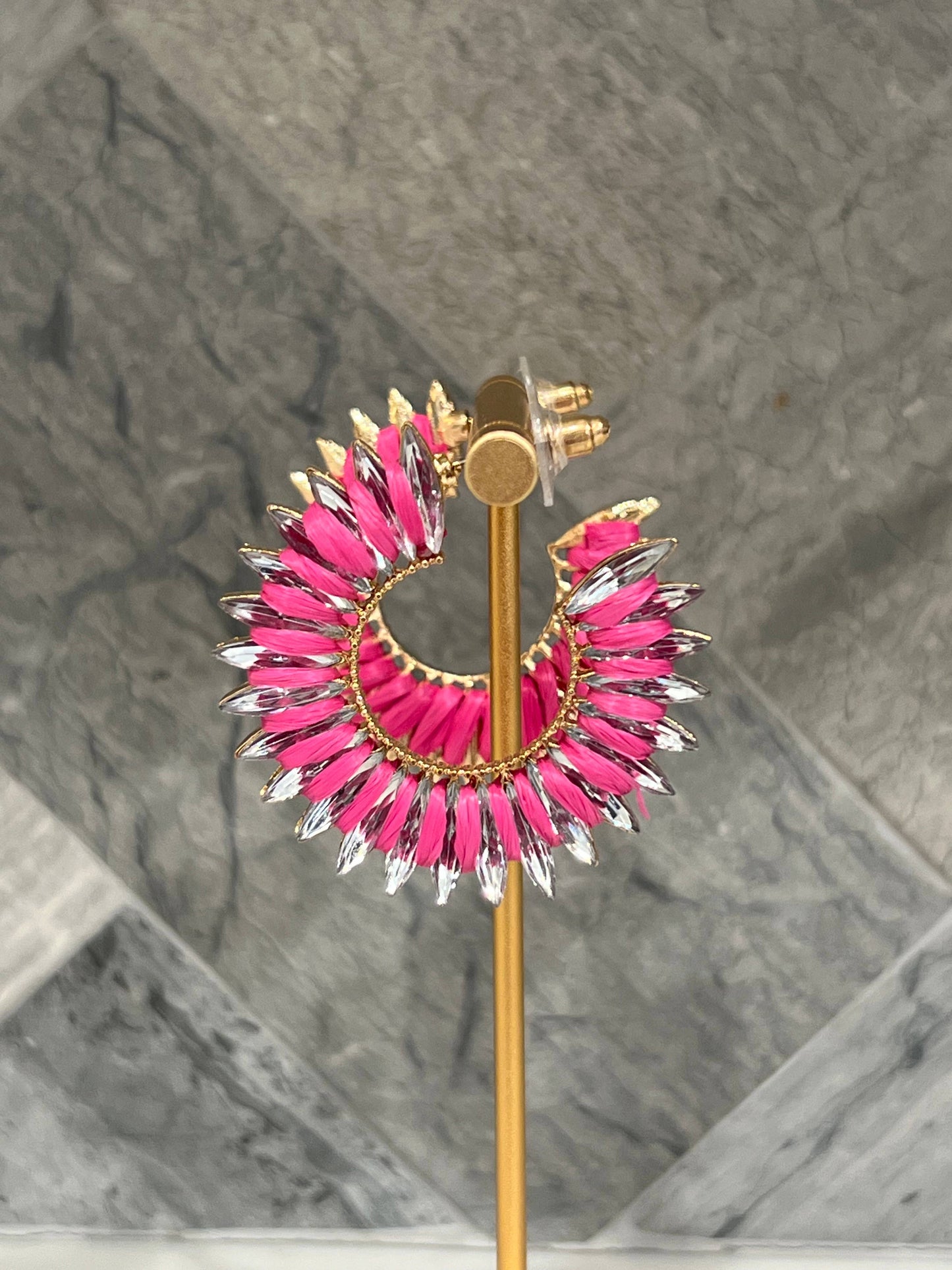 Hot Pink Raffia and Crystal Hoop Earrings